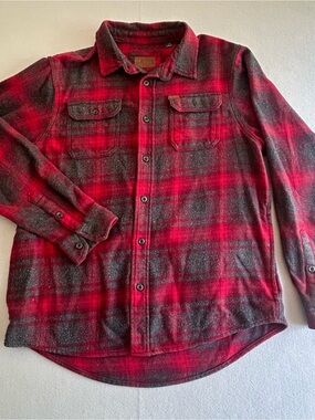 Orvis Mens Heavyweight Flannel Plaid Button Down Shirt Red Grey Large L/G